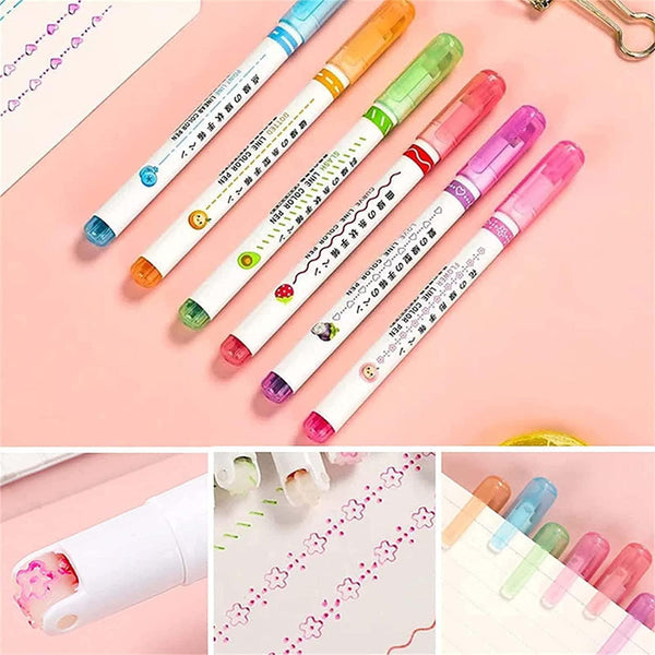 Curve Highlighter Pen Set, Dual Tip Pens with 6 Different Curve Shapes Fine Tips, Colorful Curve Highlighters Six Cute Pattern-Heart/flower/curve/dotted Line/Slash/Dot, for Writing, Drawing