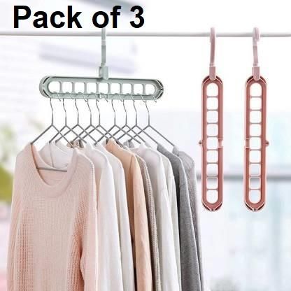 Hanger-Plastic Multi Functional Adjutable & Folding Clothes Hanger Holder Portable Anti-Slip Storage Rack Space Saving Hook for Garment Drying (Multicolor, Pack Of 3)
